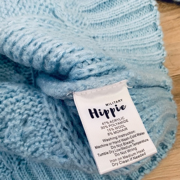 Military Hippie Baby  Blue Chunky Soft Off Shoulder Balloon Sleeve Sweater - Picture 7 of 7